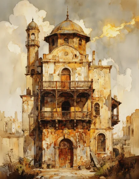 AquarelleIV. a watercolor painting of an old, dilapidated building with a large, ornate balcony and a round, domed roof lit by warm, golden light. the building is situated in the middle of the image, with its distinctive architecture and ornate details standing out against the muted colors of the sky and clouds in the background. it has multiple arched windows and a large wooden door, with a balcony on the second floor, and a clock tower on the left side. the lighting is soft and warm, casting a golden glow on the building, creating a sense of serenity and tranquility. the overall style is reminiscent of a fantasy art piece, with intricate details and a touch of realism, making it a captivating piece of art.