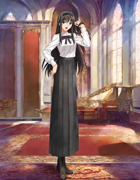 <lora:pony_xl_akiha:0.8>,akiha,best quality,masterpiece,super fine illustration,1girl,solo,looking at viewer,open mouth,white shirt,collared shirt,long sleeves,black ribbon,bowtie,shirt tucked in,neck ribbon,black skirt,high-waist skirt,pleated skirt,long skirt,black footwear,boots,standing,full body,hand on hip,hand up,indoor,mansion,mansion,red carpet,luxury sofa,window_,curtains,