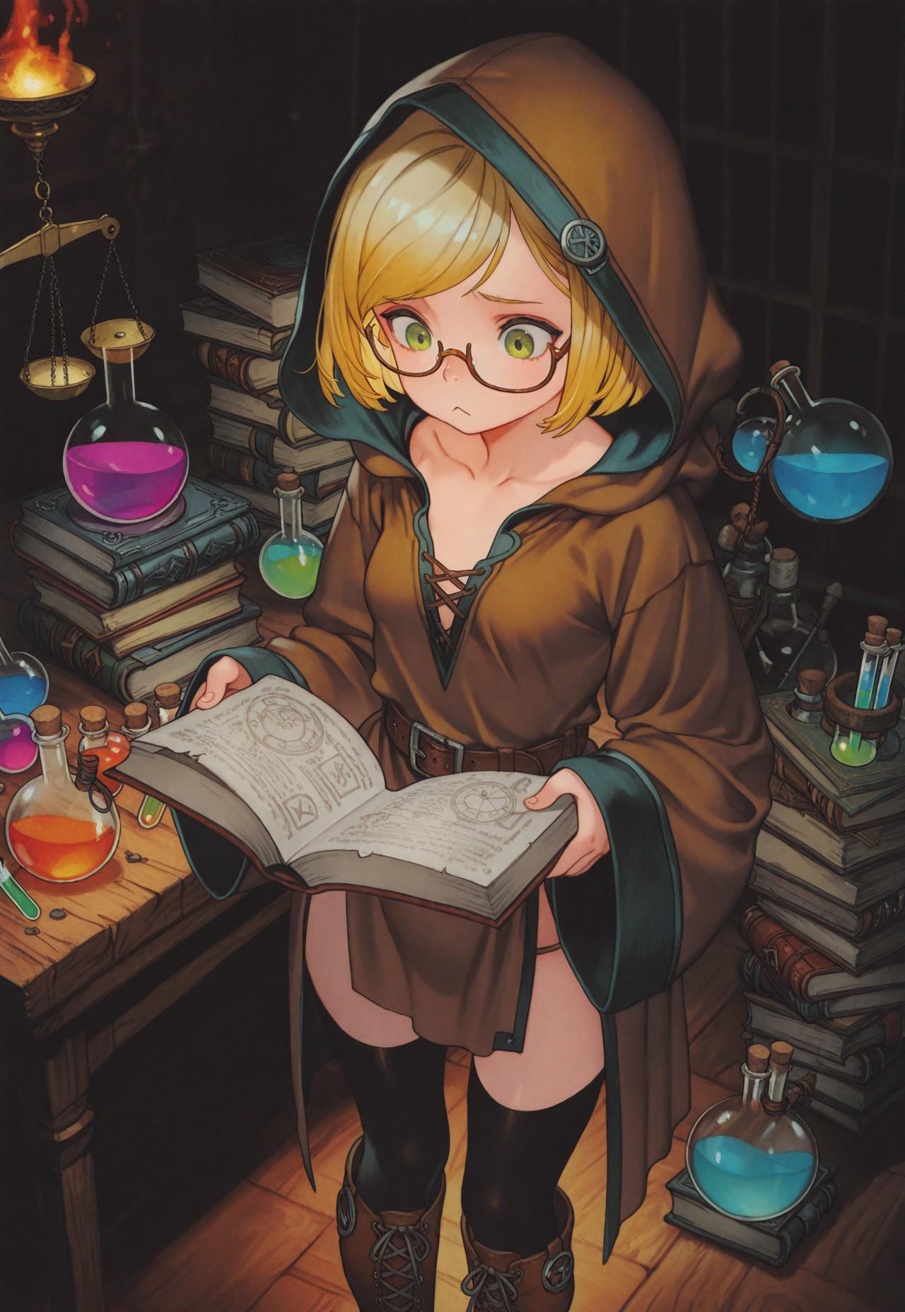 masterpiece, best quality, very aesthetic, absurdres, 
cowboy shot, 1girl, solo, 
rookie alchemist, green eyes, blonde hair, short hair, bob cut, swept bangs, small breasts, collarbone, 
glasses, under-rim eyewear, hood up, hooded robe, brown robe, wide sleeves, long sleeves, sleeves past wrists, brown belt, black thighhighs, knee boots, cross-laced footwear, lace-up boots, brown footwear, 
holding book, open book, round-bottom flask, holding flask, 
standing, reading, :<, pigeon-toed, worried, 
indoors, wooden table, test tube, potion, weighing scale, from above, book stack, alchemy, dark, dim lighting, 
oygilmb 
rakugakingu 
bdbgil 