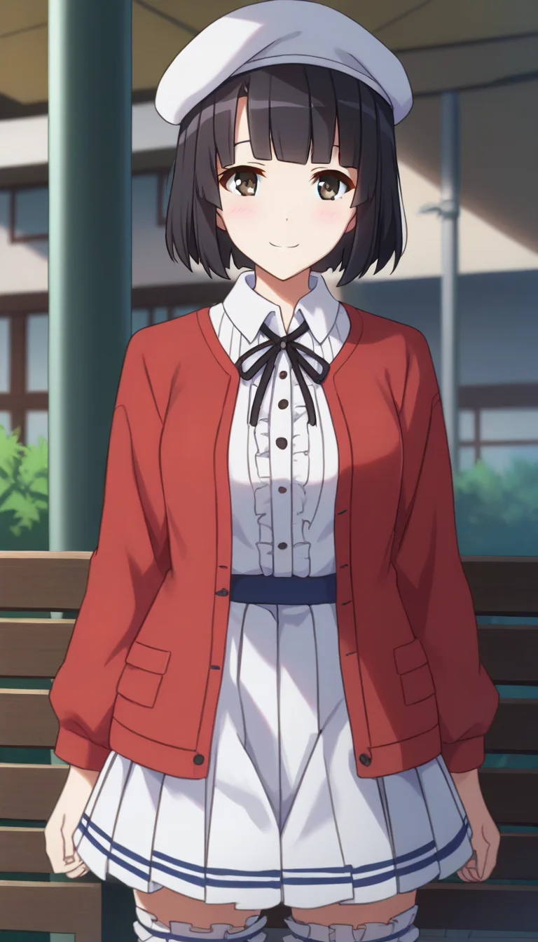 score_9,score_8_up,masterpiece,best quality,correct anatomy,anime_source,1girl,solo,perfect eyes,perfect arms,perfect legs,perfect face,outdoors,upper body,(portrait:1.5),looking at viewer,facing viewer,smile,blush,Kato Megumi,beret,white headwear,short hair,black hair,blunt bangs,brown eyes,red jacket,neck ribbon,black ribbon,white shirt,vertical-striped shirt,miniskirt,white skirt,pleated skirt,frilled skirt,zettai ryouiki,frilled thighhighs,white thighhighs,red footwear,<lora:Kato Megumi(shns)-Pony:1.8>,