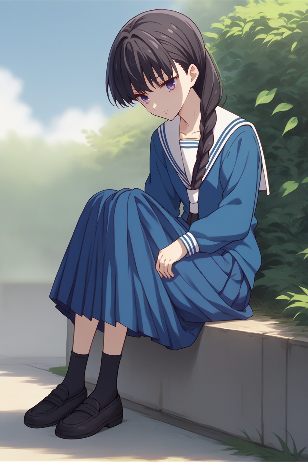 score_9, score_8_up, 1girl, solo, <lora:NSSakiBasket:1> NSSakiBlue, black hair, long hair, braid, hair over shoulder, purple eyes, serafuku, blue shirt, pleated skirt, blue skirt, long sleeves, full body shot, looking at the viewer