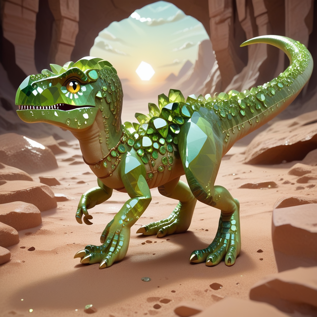 embedding:lazyup, dinosaur made of hud_per1d0t_wrld, green gemstone, crystal, gem, shiny, roaming a desert oasis with crystal cacti and mirage-like horizons, prehistoric grandeur, textured terrain, sunset hues <lora:hud_per1d0t_wrld_XLP:1.2000000000000002> <lora:TrendCraft_The_Peoples_Style_Detailer-v2.0A-3_13_2025-PonyXL:0.4000000000000001>