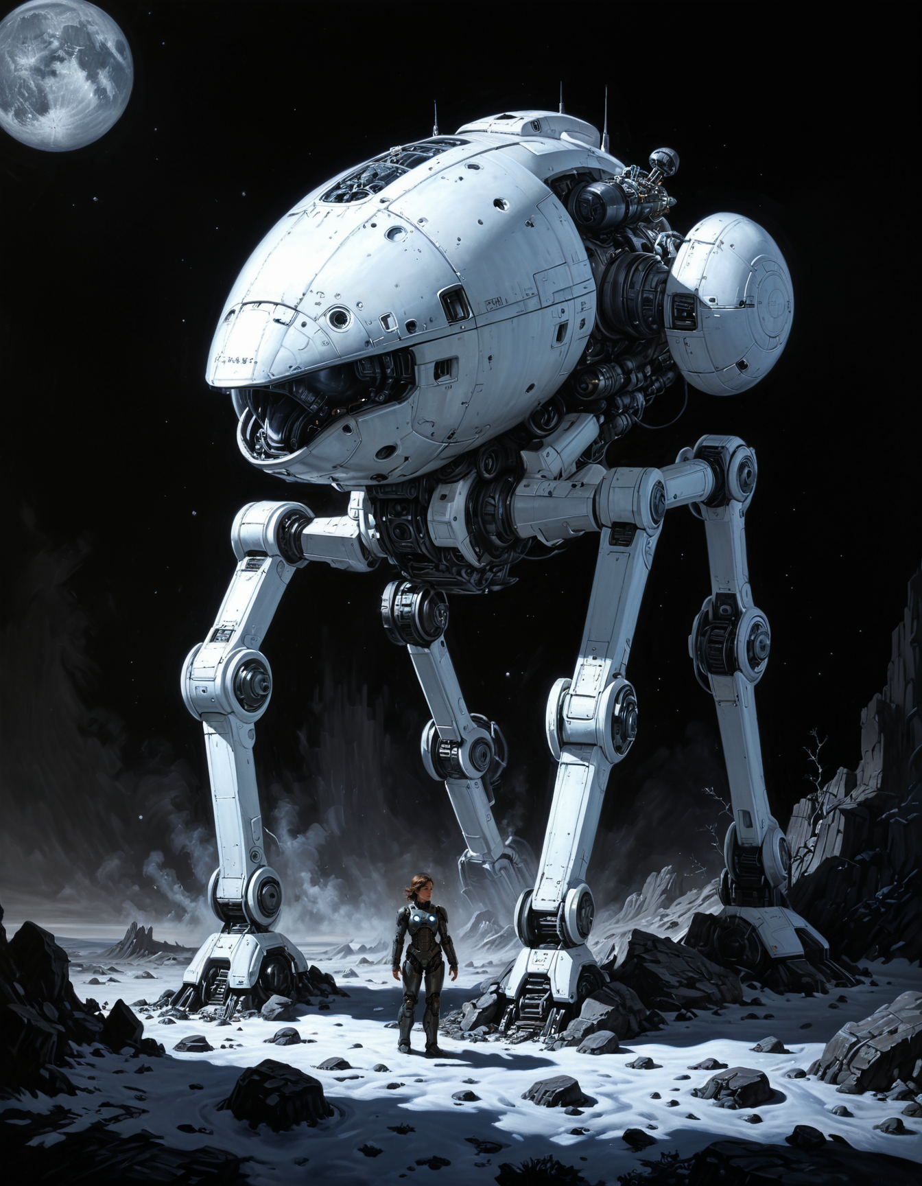 hyper realistic and highly detailed, monochrome masterful traditional oil painting by Julie Bell , by Matt Fraction , by Chris Van Allsburg  , famous artwork inspired by (jae cheol park:1.3), (dramatic scene:1.4), the "slimy jibboblampfs" are (colossal biomorphic mechs:1.2) that merge organic and synthetic components to adapt to the harsh conditions of the zibzorbled spaceship graveyards on planet "aeldaberry quartus", scavenging resources from spaceship wrecks to add to their ostonfering bodies, dramatic detailed background, (dappled light:1.1) , perfect composition, full panoramic shot
<lora:xl_more_art-full_v1:0.5> <lora:- SDXL - vanta-black_contrast_V3.0:0.5> <lora:Into_Darkness:0.5>  <lora:add-detail-xl:0.5> <lora:sss:0.6> sss