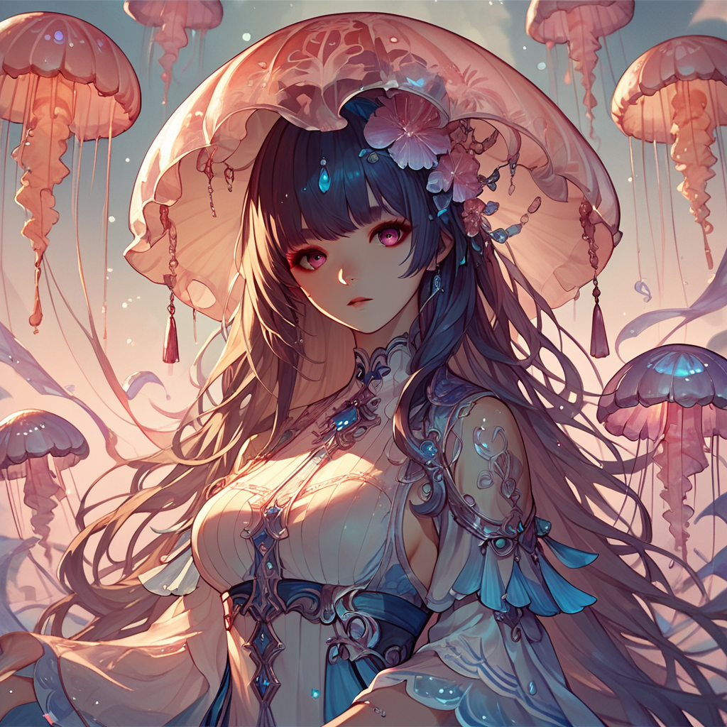 score_9,score_8_up,score_7_up,
jellyfishstyle, 1girl, solo, long hair, breasts, looking at viewer, bangs
, <lora:jellyfish-pony:0.8>,