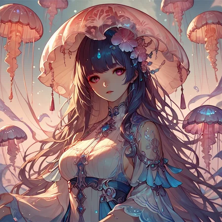 score_9,score_8_up,score_7_up,
jellyfishstyle, 1girl, solo, long hair, breasts, looking at viewer, bangs
, <lora:jellyfish-pony:0.8>,