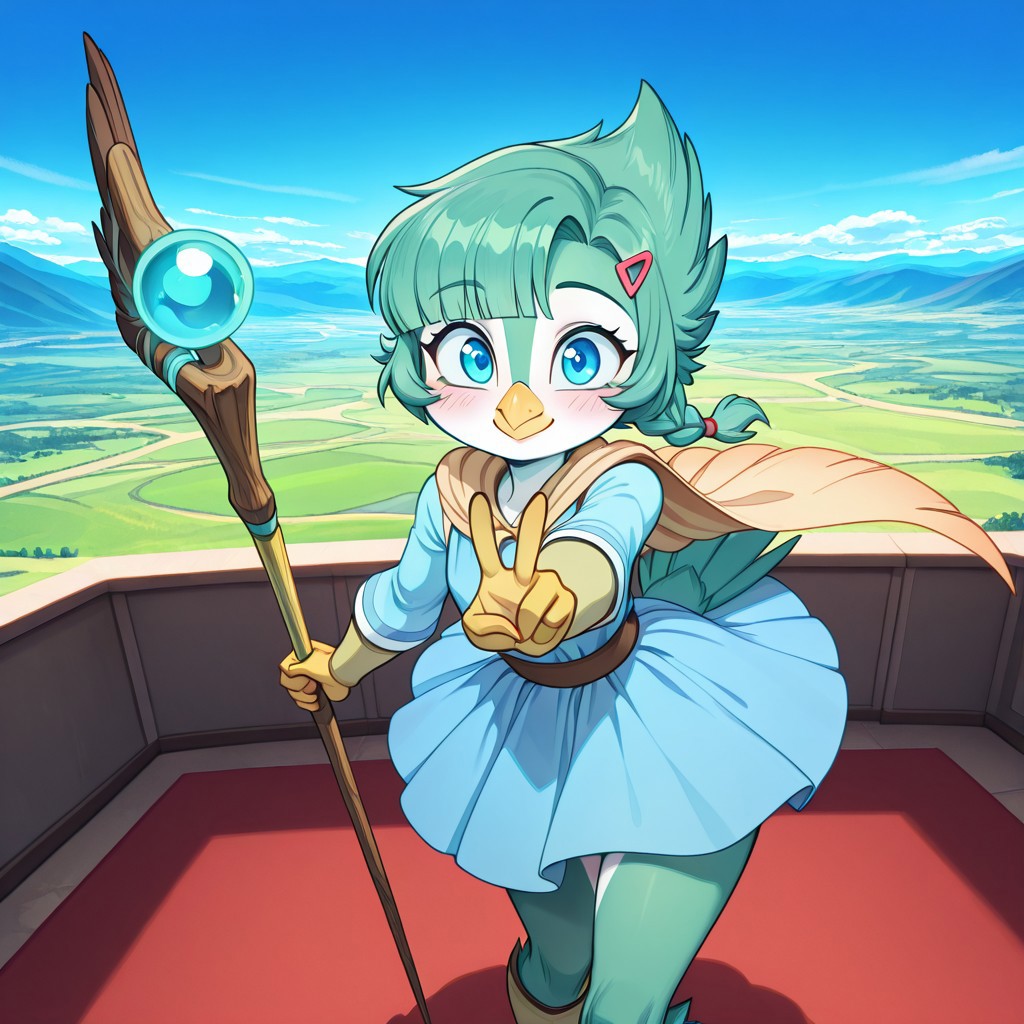 Fae, solo,short hair,blue eyes,1girl,wings,furry,furry female,source_furry, green fur,beak,bird tail,
masterpiece, best quality, amazing quality, very aesthetic, absurdres, upscale, indoors, slightly side, dynamic pose, foreshortening, v, outdoors, sky, landscape, magic, smile, staff, hair ornament, holding, looking at viewer, dress, hairclip, holding staff, blush, bangs, cape, closed mouth, blue dress, side braid, blunt bangs, single braid, child, kid,
