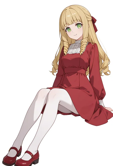 Smooth Quality,masterpiece,very intricate, high quality details, high detailed skin,detailed enviorement,absurdres,
simple background, white background,front view,
:>,
<lora:Fiatoio_Annacnn:0.7>
fannacnn, 1girl, blonde hair, green eyes, long hair, blunt bangs, sidelocks, drill hair,
white pantyhose, red dress, long sleeves,bow, hair ribbon, white shirt,mary janes,