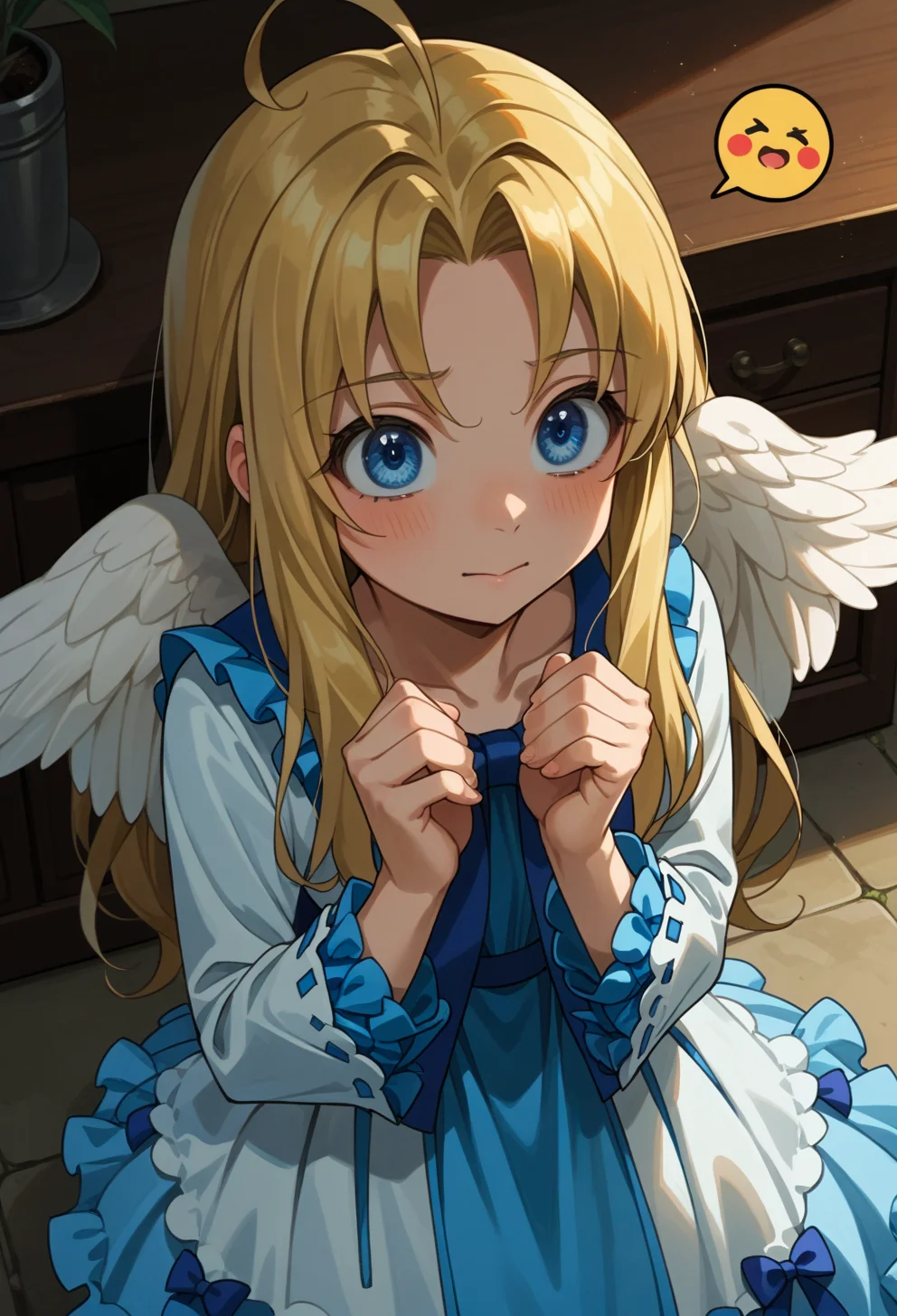 score_9, score_7_up, source_anime, BREAK solo, from above, portrait, pleading face emoji, own hands clasped, pov, <lora:AEFilo-000009:0.9> AEFilo, blue eyes, blonde hair, ahoge, long hair, white wings, blue bowtie, white dress, frilled dress, frilled sleeves, long sleeves,
