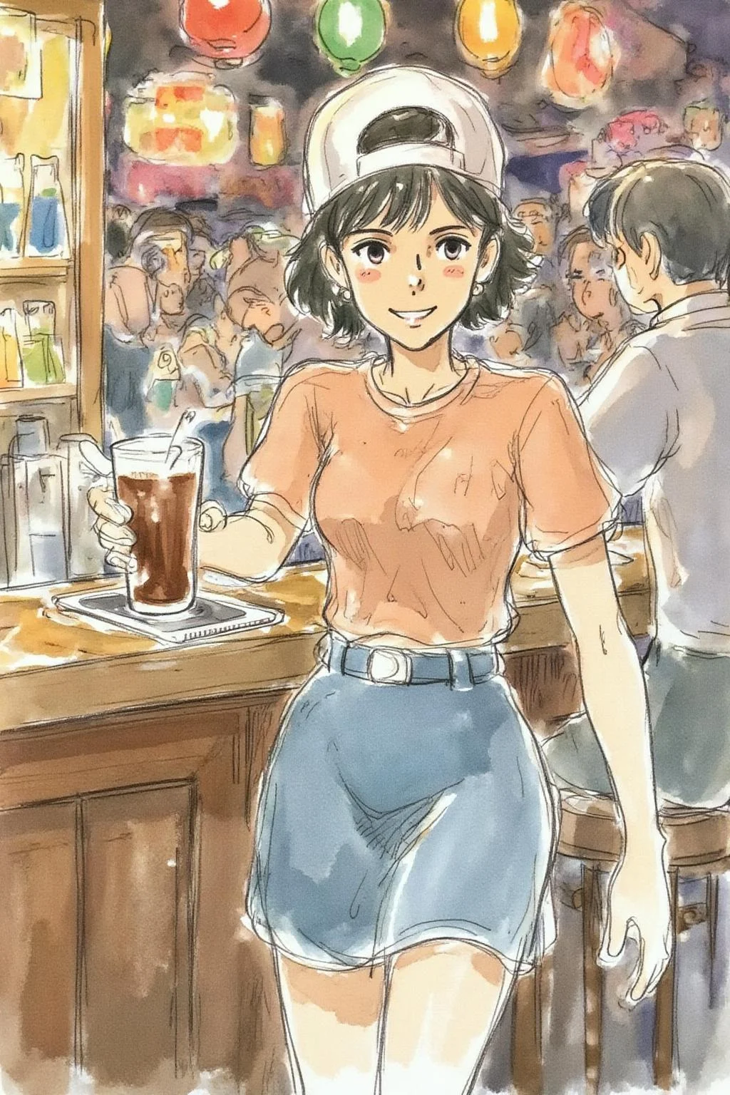 hayaomiyazaki2 illustration.
The air buzzes with the energy of a busy bar, a mix of music, conversation, and the clinking of glasses. A barmaid, the embodiment of youthful vibrancy, navigates the lively scene. She wears a peach-coloured T-shirt, the soft fabric contrasting with the smooth, cold glass of coke she carries on a small tablet. Her short skirt adds a playful touch, and a backwards baseball cap hints at a carefree attitude. The setting and atmosphere are palpable: the warm, slightly sticky surface of the bar counter under her fingertips, the dim, colourful lighting that casts playful shadows. Sensory details are abundant: the condensation forming on the glass of coke, the texture of her denim skirt, and the way the bar lights catch the highlights in her hair. Her confident stride, her quick smile, and her efficient movements. Stylistically, the image draws inspiration from the vibrant, candid shots of nightlife photographers, with a touch of the stylized realism found in contemporary illustration. There's a deliberate contrast between the barmaid's youthful energy and the slightly worn, lived-in atmosphere of the bar, creating a dynamic and engaging image. <lora:hayaomiyazaki2_cap_d8a4:1.0><lora:861023437106240907:0>