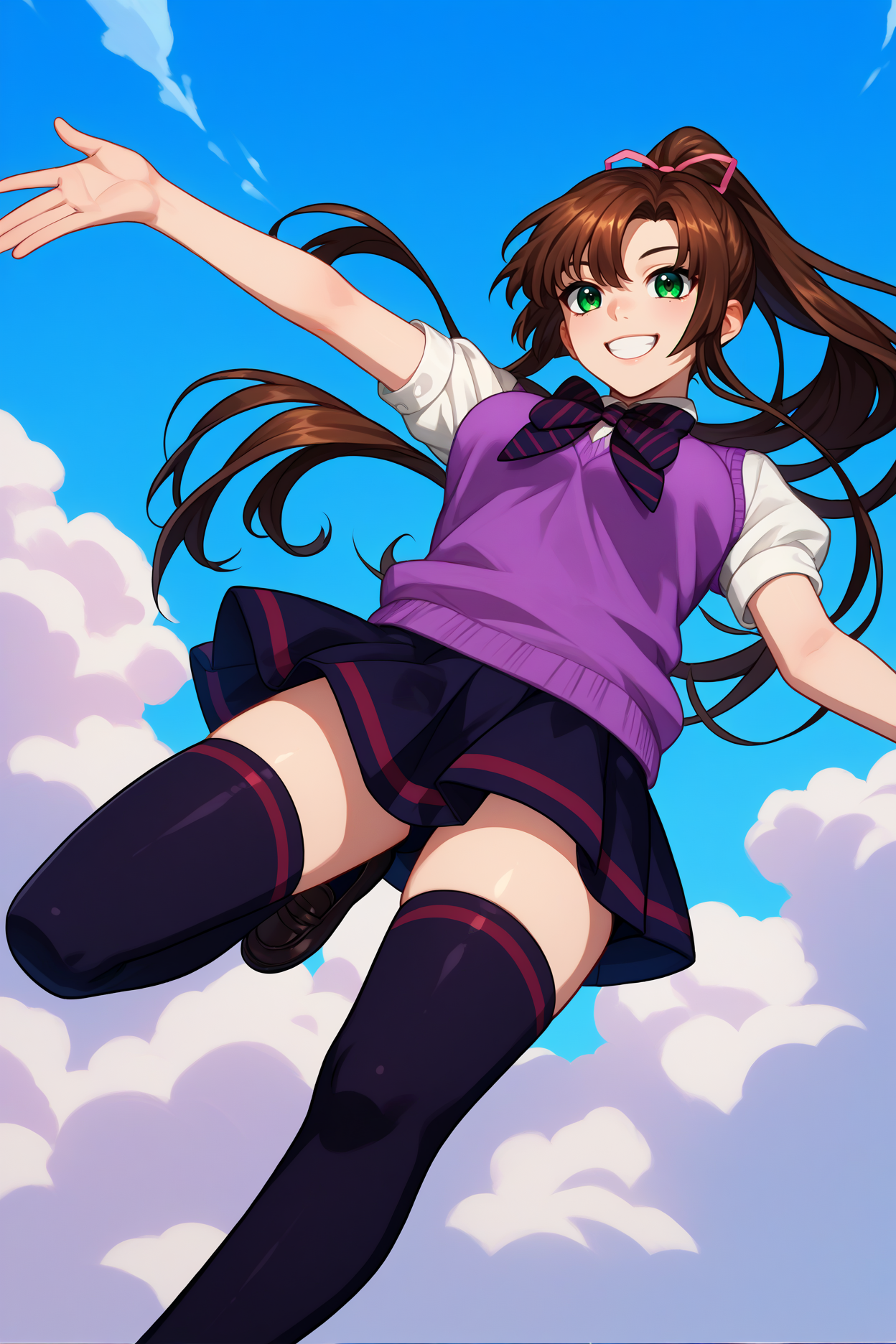 score_9, score_8_up, score_7_up, score_6_up, source_anime, 1girl, solo, <lora:kirasakasayaka-pdxl-nvwls-v1-000005:1> stbsk, brown hair, green eyes, ponytail, hair ribbon, black bowtie, striped bowtie, white shirt, purple sweater vest, short sleeves, pleated skirt, black skirt, black thighhighs, breasts, looking at you, smile, happy, blue sky, full body, black socks, loafers, jumping, from below, clouds