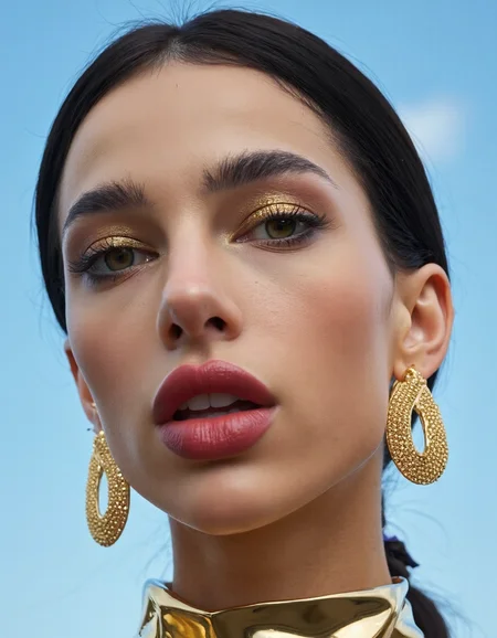 A hyper-detailed, avant-garde photograph featuring a striking woman with pale light skin against a clear, light blue sky. Her full-face close-up highlights the smooth texture of her flawless complexion. Shimmering metallic eyeshadow enhances the depth of her piercing gaze, while her glossy, deep red lips create a bold contrast to her skin. Large, intricately detailed golden hoop earrings reflect light, contributing to her modern allure. She wears metallic urban Buddhist monk clothing, with a turtle neck that enhances her avant-garde look. The reflective surfaces of her earrings and outfit create a dynamic interplay with the environment, emphasizing her sleek presence. The minimalist background allows the viewer to focus on her eye-catching fashion and makeup. Captured with a Sony A7R IV camera and a 50mm f/1.2 G Master lens for a beauty editorial shoot, this composition highlights her fashion-forward aesthetic. Inspired by avant-garde fashion photography from Sølve Sundsbø, this image blends contemporary fashion and minimalist elegance, embodying mythp0rt and niji_flux styles for a sleek, high-fashion vision. ((glow_skin, iridescent skin, oily skin, portrait)).