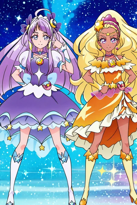 shiny skin, posing,
<lora:starpri.il:1>,
starpri,
multiple girls, 
curesoleil, cureselene,