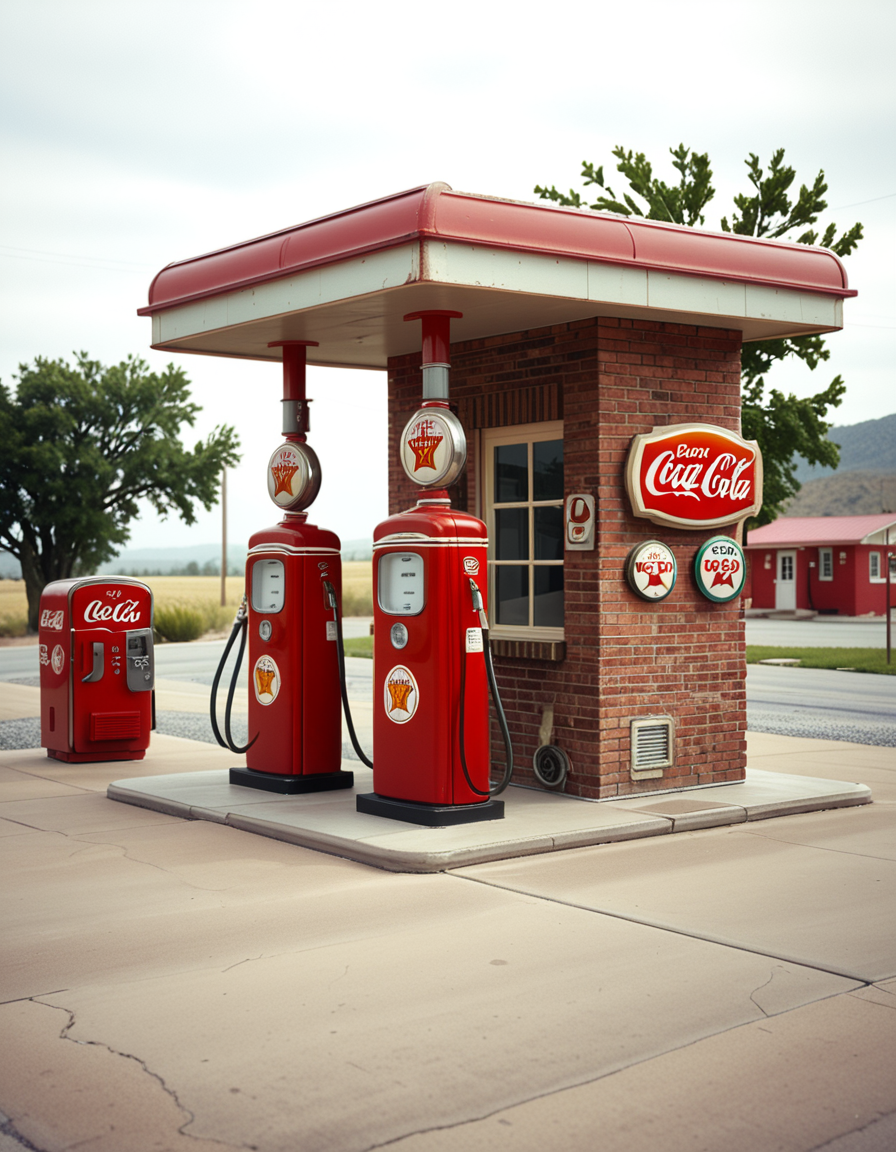 A realistic vintage photograph of a 1950s American gas station with no people present. The small brick building has a flat roof with a wide canopy extending over two classic red gas pumps from the 1950s, featuring chrome details, round meters, spiral hoses, and retro branding like "Texaco" or "Shell".The ground is old concrete with cracks and oil stains. Beside the station, there's a vintage Coca-Cola vending machine and a hand-painted wall sign that reads âDrive Safely!â. The sky is lightly overcast, casting soft shadows and a nostalgic mood. In the background, leafy trees, distant low hills, and an empty country road stretch into the distance. The photo has a slightly faded, desaturated color palette with warm vintage tones and a subtle grain, mimicking the look of 1950s Kodak film photography. The overall atmosphere is calm, quiet, and deeply nostalgic.
<lora:SDXLFaeTastic2400:0.4> <lora:extremely_detailed:0.4> extremely detailed, <lora:1950s_American_gas_st4t10n:1>,1950s American gas st4t10n, Masterpiece,best quality,hi res,8k,hi res,8k,award winning,(sharp focus, intricate, highly detailed),