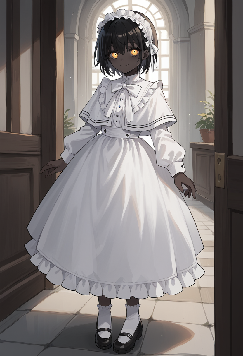 masterpiece, best quality, uncensored, source_anime, score_9, score_8_up, score_7_up, score_6_up, score_5_up, score_4_up, 1girl, solo, theprincess, dark-skinned female, very dark skin, black hair, short hair, yellow eyes, maid headdress, frilled hairband, white dress, long sleeves, capelet, white bow, smile, full body <lora:ThePrincess:0.8>