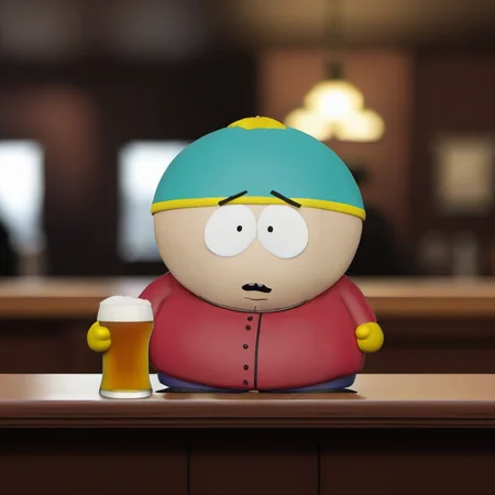 Cartman drinking a beer in a pub <lora:SouthPark3D1024-000315:0.8>