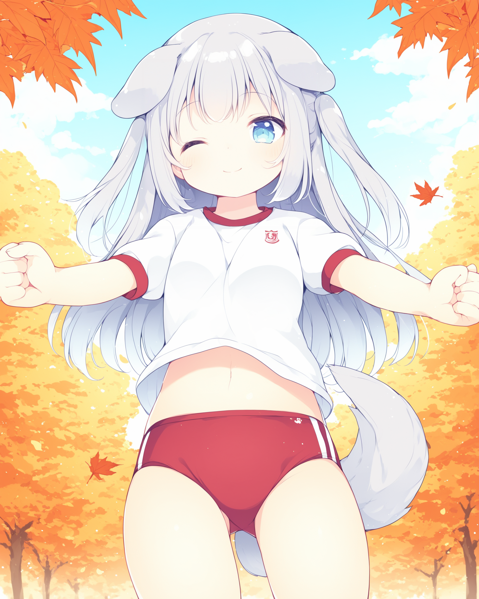 Best-A,moco_ofuton,1girl, animal_ears, autumn_leaves, blue_eyes, buruma, clenched_hands, cloud, dog_ears, dog_girl, dog_tail, gluteal_fold, grey_hair, gym_uniform, highres, leaf, long_hair, moco_ofuton, navel, one_eye_closed, original, outdoors, outstretched_arms, red_buruma, ribbon, shirt, short_sleeves, sky, smile, solo, stretching, tail, thighs, two_side_up, white_shirt
,score_9,score_8_up,score_7_up,source_anime,best_quality,masterpiece,perfect_body, <lora:tpn3-5.5-R-Sytle-400artist:0.95>