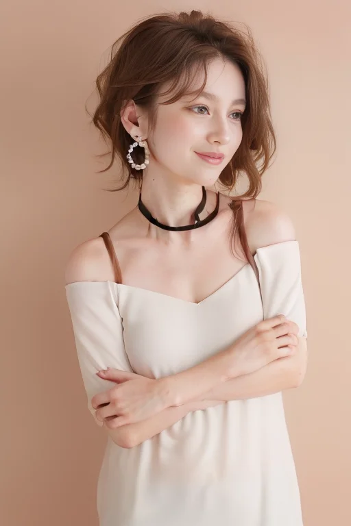 (1girl), (best quality), (masterpiece), (high resolution), (intricate details), (photorealistic), (cinematic light), <lora:short_hair:0.8>,
solo, brown hair, nape, blurry, upper body, blurry background, wavy hair, smile, realistic, looking at viewer, lips, upper body, off shoulder, shirt
white background, upper body, brown eyes, closed mouth, profile, lips, nose, portrait, earrings, parted lips, black choker, ear piercing
sleeves past wrists, simple background ,