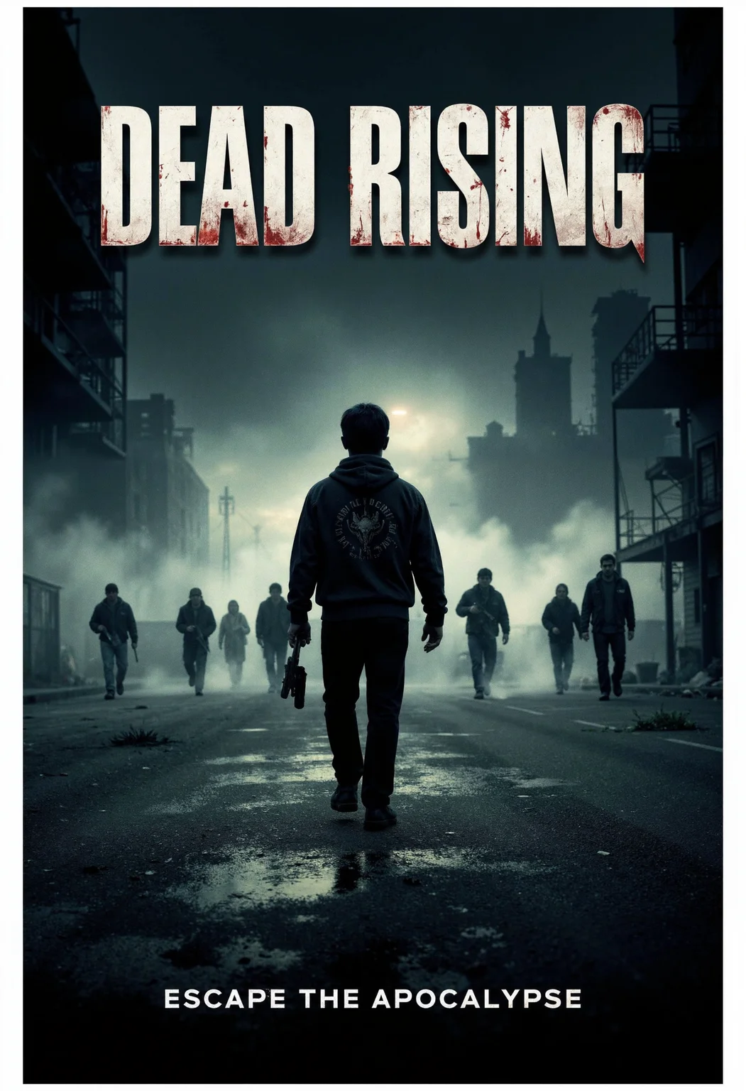 allposter, Craft a chilling game poster for a survival horror game, showcasing a lone survivor surrounded by zombies in a desolate urban setting. The background is dark and foggy, adding tension. Use a gritty, metallic effect for the game title, 'DEAD RISING,' positioned boldly at the top. Below it, in a distressed, eerie font, add the tagline, "Escape the Apocalypse".<lora:Flux.1_Turbo_Detailer.safetensors:0.75:0.75> <lora:FLUX_All_Posters.safetensors:0.7000000000000001:0.7000000000000001>