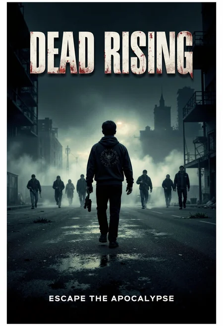 allposter, Craft a chilling game poster for a survival horror game, showcasing a lone survivor surrounded by zombies in a desolate urban setting. The background is dark and foggy, adding tension. Use a gritty, metallic effect for the game title, 'DEAD RISING,' positioned boldly at the top. Below it, in a distressed, eerie font, add the tagline, "Escape the Apocalypse".<lora:Flux.1_Turbo_Detailer.safetensors:0.75:0.75> <lora:FLUX_All_Posters.safetensors:0.7000000000000001:0.7000000000000001>