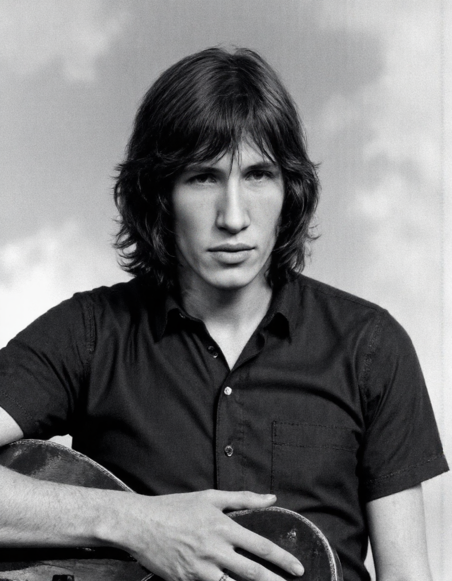 Rembrandt style <lora:ROGER_WATERS:1>, This is a black-and-white photograph of a young man, captured from a slightly low angle, giving a three-quarter view of his face and shoulders. The man has shoulder-length, wavy hair that frames his face and falls slightly over his forehead. His expression is contemplative, with his eyes looking downwards and to the right. He is wearing a simple, short-sleeved, button-up shirt, which appears to be made of a soft, cotton-like material, visible through the texture of the shirt. The shirt has a slightly rounded collar and is buttoned at the top, with the top button slightly unfastened. In the man's right hand, he is holding a guitar, which he is likely playing or about to play, as indicated by the position of his hand and the angle of the guitar. The background is a plain, gradient gradient, transitioning from light to dark, which helps to focus attention on the subject. The lighting is soft and even, casting gentle shadows that enhance the texture of the man's hair and the fabric of his shirt. The overall mood of the photograph is introspective and artistic, capturing a moment of musical expression. . Baroque, chiaroscuro, realistic, emotional, "flat lighting