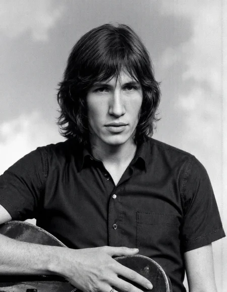 Rembrandt style <lora:ROGER_WATERS:1>, This is a black-and-white photograph of a young man, captured from a slightly low angle, giving a three-quarter view of his face and shoulders. The man has shoulder-length, wavy hair that frames his face and falls slightly over his forehead. His expression is contemplative, with his eyes looking downwards and to the right. He is wearing a simple, short-sleeved, button-up shirt, which appears to be made of a soft, cotton-like material, visible through the texture of the shirt. The shirt has a slightly rounded collar and is buttoned at the top, with the top button slightly unfastened. In the man's right hand, he is holding a guitar, which he is likely playing or about to play, as indicated by the position of his hand and the angle of the guitar. The background is a plain, gradient gradient, transitioning from light to dark, which helps to focus attention on the subject. The lighting is soft and even, casting gentle shadows that enhance the texture of the man's hair and the fabric of his shirt. The overall mood of the photograph is introspective and artistic, capturing a moment of musical expression. . Baroque, chiaroscuro, realistic, emotional, "flat lighting