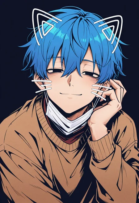 masterpiece, best quality, amazing quality, absurdres, ittorasii, w0lfc0nf, male focus, solo, high contrast,
1boy, blue hair, black eyes, drawn whiskers, brown sweater, surgical mask, mask around one ear, smile, \n/,  small smile,