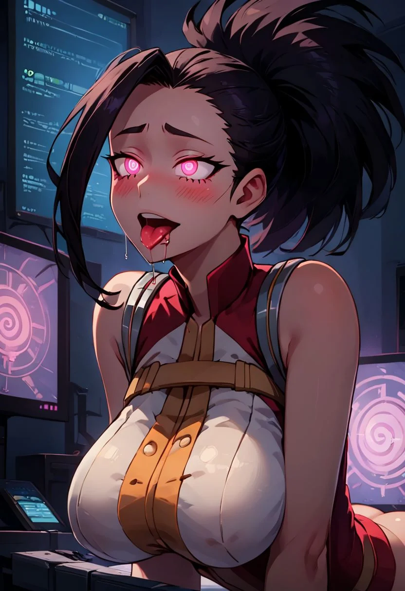 hypnosis, girl mesmerized by tv screen, girl staring at tv screen, tv screen glowing (spiral, light neon blue), brainwashed girl, 1girl(Momo Yaoyorozu from My Hero Academia), large breasts, teardrop breasts, kinky, tight ass, full body shot, detailed, high res image, masterpiece, soft round ass, blush, expressionless (empty eyes, pink eyes, no pupils), open mouth, (drooling, saliva), exhausted, very detailed, high detailed texture, depth of field, volumetric lighting, shadows, cinematic lighting, volumetric lighting, background dark lab lit by computer screens, submissive pose, normal clothes, obedient, submissive, softly glowing eyes, dazed expressions, struggling to resist the mind control/brainwashing, arms hanging limply, drooping shoulders, sad tired mouth, half lidded eyes, panting softly, very sleepy expression, slack jawed, dreamy smile, enjoying being controlled, enjoying watching the screens, happy to stare at screens, no tongue, no tongue outside mouth, keep tongue inside mouth,