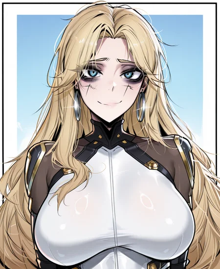 <lora:ace_glitch-000023:1> ace_glitch,
(masterpiece), (best quality), (ultra-detailed), amazing quality, very aesthetic, illustration, perfect composition, intricate details, absurdres, incredibly absurdres, shiny skin, realistic,
ace_glitch, 1girl, breasts, solo, jewelry, hoop earrings, blonde hair, earrings, large breasts, long hair, looking at viewer, blue eyes, upper body, smile, bodysuit, closed mouth, bags under eyes, facial mark, border, sensitive