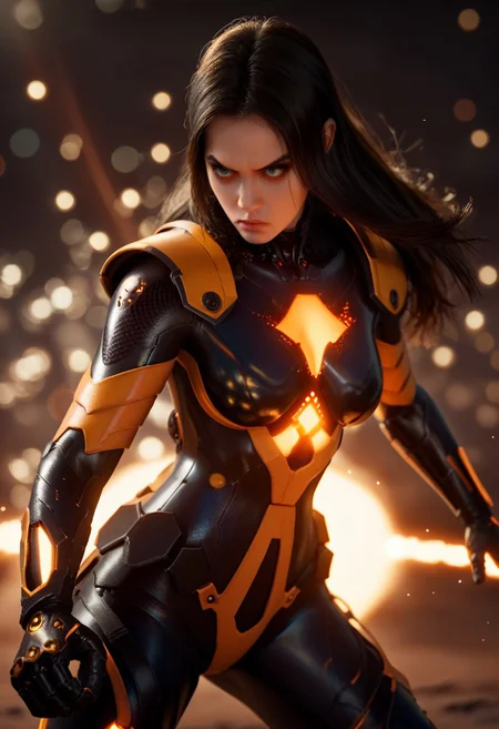 score_9, score_8_up, score_7_up, score_6_up,
stellartachy, 1girl, solo, black hair, black eyes, long hair, (Large black round armored Shoulder pads:1.4),
(orange neon lines), ( black glowing plugsuit:1.3), cyberpunk gloves,
cowboy shot, white background, (epic, movie scene , action scene, fight, colorful, bokeh, god light:1.4)