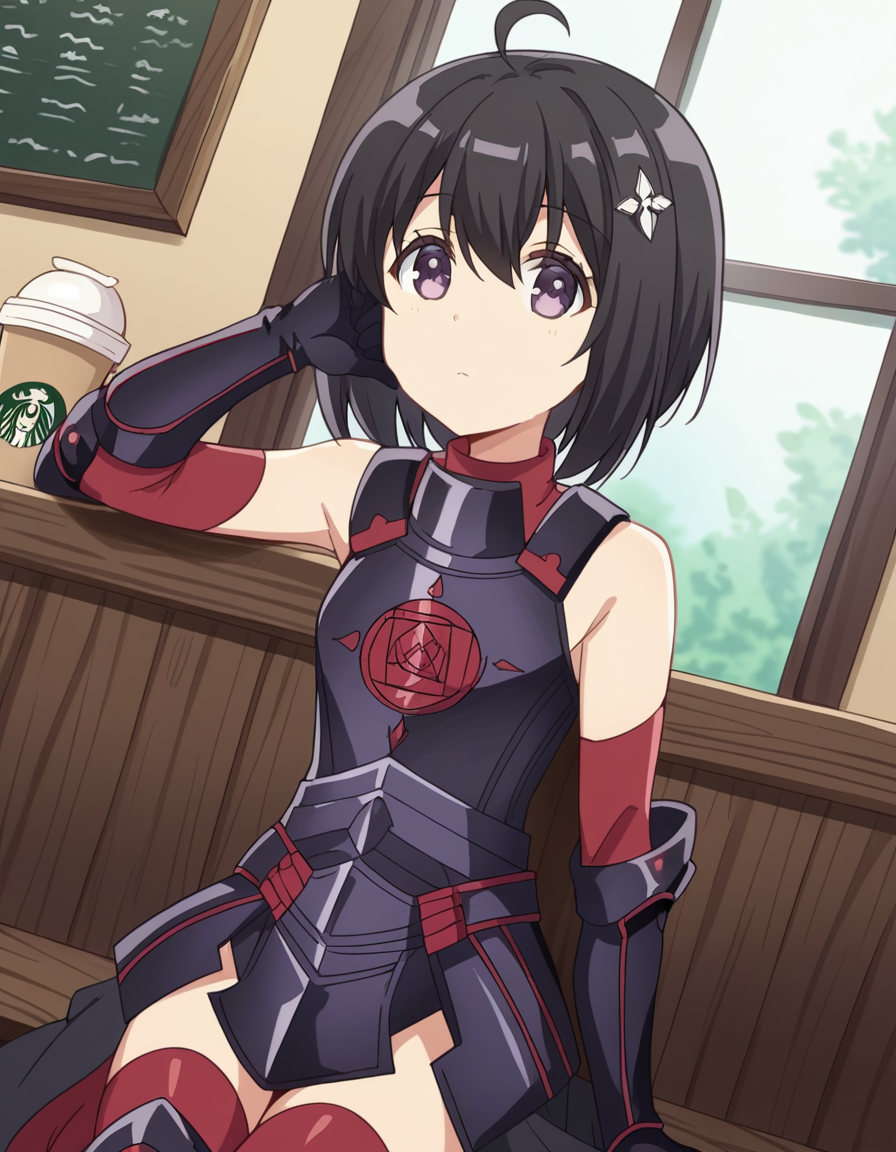 score_9, score_8_up, score_7_up, source_anime, <lora:bofuri-maple-s2-ponyxl-lora-nochekaiser:1>, maple, short hair, bangs, black hair, hair ornament, purple eyes, ahoge, bob cut,, thighhighs, gloves, bare shoulders, boots, black gloves, elbow gloves, armor, red thighhighs, black armor,, cafe, coffee cup, barista, sitting down, talking, relaxing, sunlight through window, , looking at viewer, foot pointed, hand on chin, arm behind head, solo,, cowboy shot, dutch angle