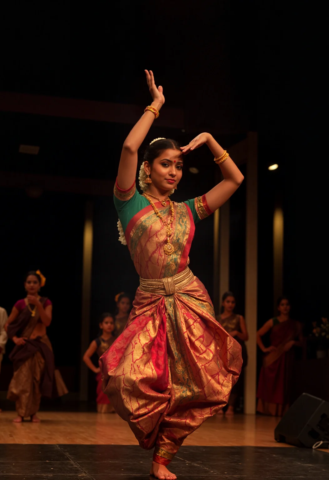 realistic, realism,photorealistic,lifestyle photography photo of A mesmerizing Bharatanatyam performance unfolds on stage, where every movement becomes a sacred verse in motion.   The dancer's intricate hand gestures weave ancient stories, while her expressive eyes and subtle facial nuances bring mythology to life.   Adorned in a resplendent silk pattu sari ablaze with jewel tones, her traditional costume shimmers under dramatic theater lighting, each fold catching light like liquid gold. The interplay of shadows and highlights sculpts her dynamic poses, transforming the stage into a canvas of living art.  , full body, soft diffused lighting, dutch angle, Sony A7III, Cinestill 800T, 50mm, soft focus, in the style of Kim Keeverhighly detailed, sharp focus,  complex detail and super detailed, fine, realistic skin texture. natural skin texture,detailed skin pore,