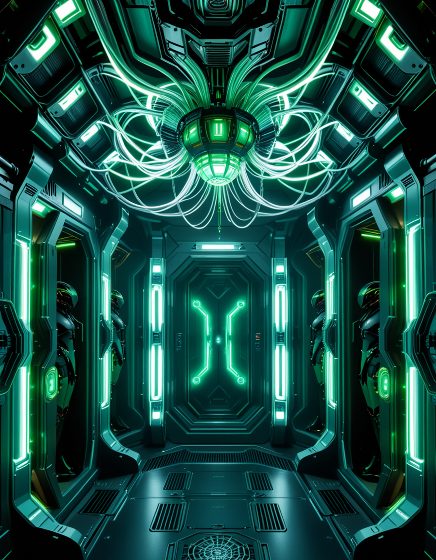 A dark, oppressive regeneration chamber deep within a Borg vessel â a biomechanical environment where drones return to recharge and interface with the collective. The chamber is dimly lit with pulsating green and white lights that flicker through dense shadows. The walls are lined with vertical alcoves, each containing a Borg drone standing motionless, plugged into the system via biomechanical tendrils, tubes, and neural interfaces embedded into their bodies.
The surfaces of the room are a fusion of metallic plating, organic texture, and cybernetic growths â as if the ship itself is alive, constantly shifting and adapting. Steam hisses softly from vents near the floor, and faint mechanical whirring echoes through the chamber. Fiber optic cables pulse with data transmissions, running across the ceiling like glowing veins. 
Above, a central neural conduit hangs like a mechanical spine from the ceiling, branching out and connecting to each alcove, feeding the collective hive mind with real-time information. The atmosphere is cold, sterile, and unnervingly silent â a place devoid of individuality, where only the will of the collective exists. There is no comfort here, only efficiency, order, and total control. 
<lora:SDXLFaeTastic2400:0.4> <lora:extremely_detailed:0.4> extremely detailed,<lora:borg_recharge_ch4mb3r:1>,borg recharge ch4mb3r, Masterpiece,best quality,hi res,8k,hi res,8k,award winning,(sharp focus, intricate, highly detailed),