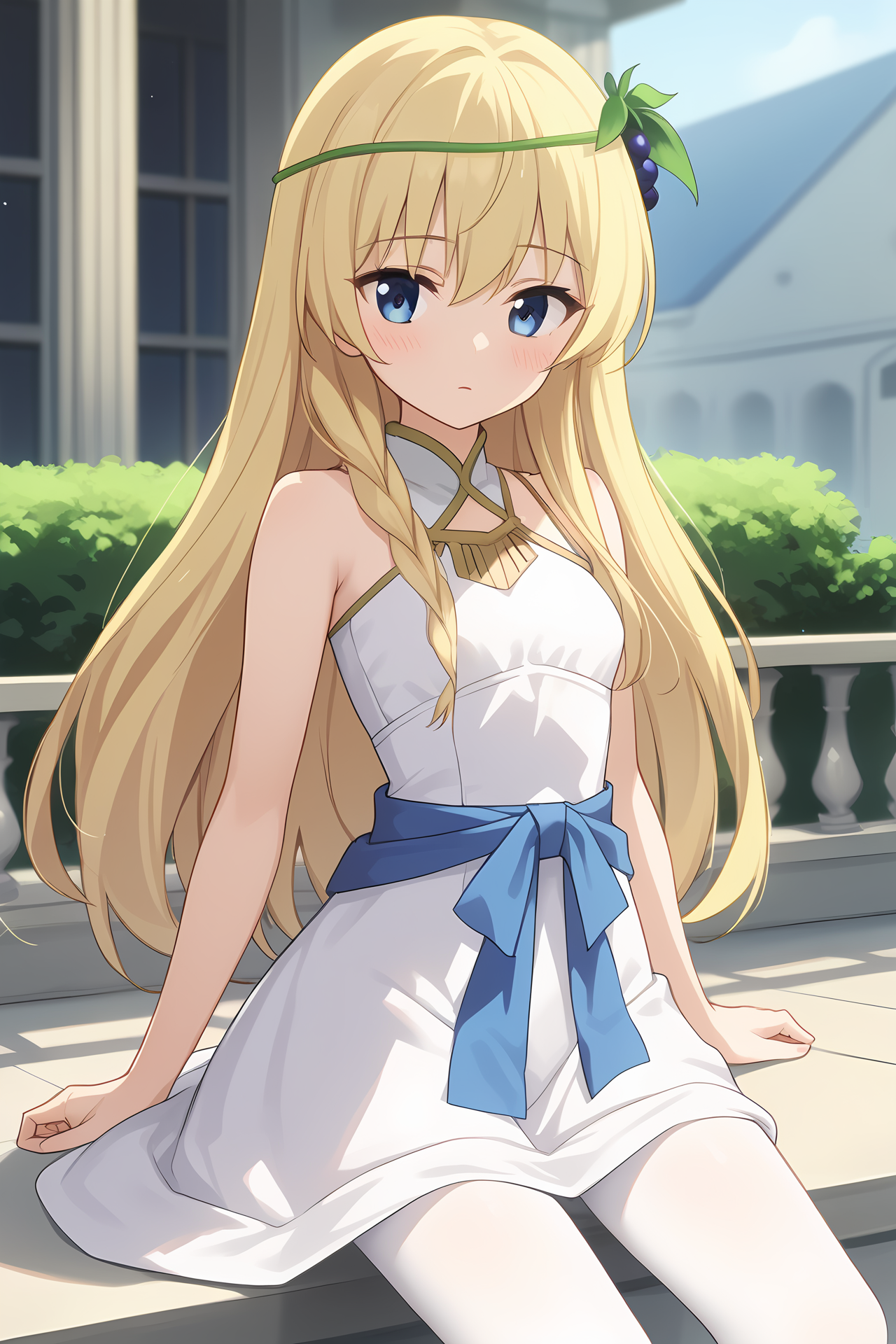 (long white dress blue waist ribbon white pantyhose:1.40), ks-iris, blonde hair, long hair, blue eyes, hair ornament, necklace, 1girl, solo, skinny, score_9, score_8_up, score_8, score_7_up, score_7, score_6_up, score_6, score_5_up, score_5, source_anime, (blush:1.10), sunset outdoors, (:1.20), (:1.20), , <lora:ks-iris-V01-000003:0.80> small breasts