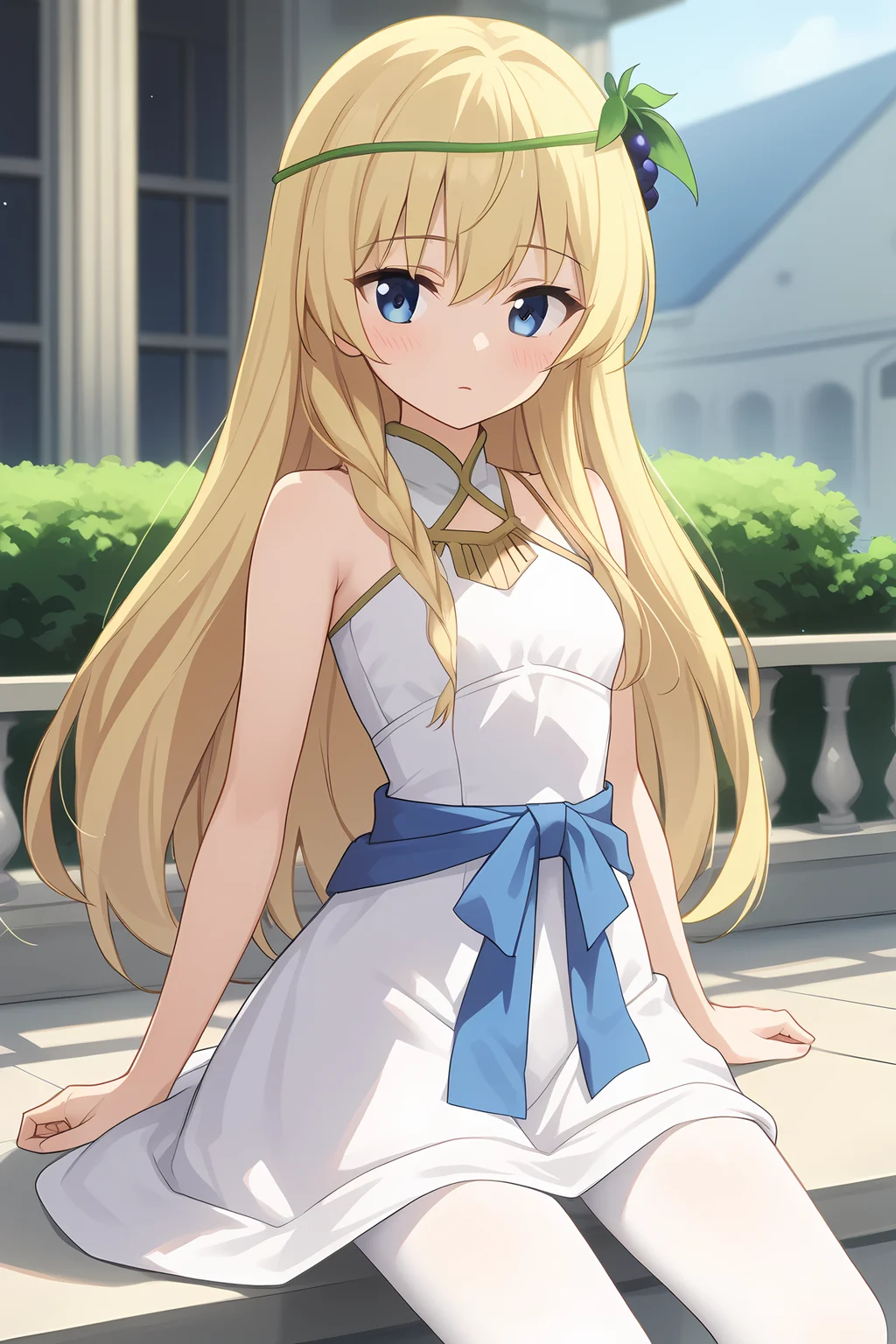 (long white dress blue waist ribbon white pantyhose:1.40), ks-iris, blonde hair, long hair, blue eyes, hair ornament, necklace, 1girl, solo, skinny, score_9, score_8_up, score_8, score_7_up, score_7, score_6_up, score_6, score_5_up, score_5, source_anime, (blush:1.10), sunset outdoors, (:1.20), (:1.20), , <lora:ks-iris-V01-000003:0.80> small breasts