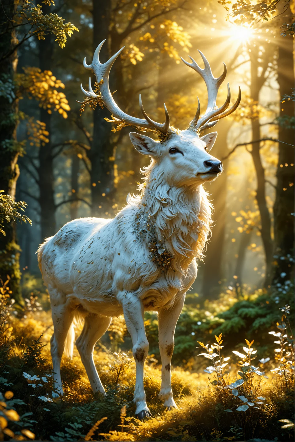 hyper realistic, a majestic white stag with golden antlers standing in a sunlit clearing, surrounded by ethereal forest spirits, glowing flora, magical atmosphere <lora:ral-sld:1> ral-sld <lora:add-detail-xl:1> <lora:MJ52:0.35>, <lora:SDXLFaeTastic2400:0.325>, (settings by AIDigitalmediaaggency:0.0001), OverallDetailXL