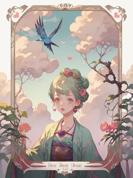 source_anime, score_9, score_8_up, score_7_up, score_6_up, score_5_up,  <lora:rdjXLP:1> rdj, tarot, heart brooch, green hair, kimono, cloud, plant, bird, eyelashes, 1girl