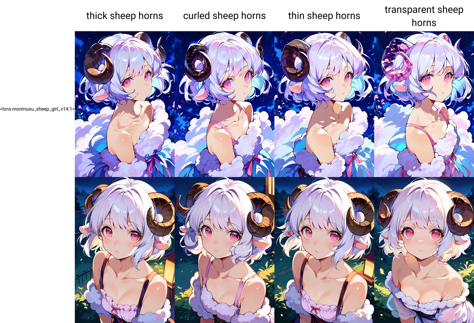 score_9, score_8_up, score_7_up, score_6_up, source anime,
sheep girl, (thick sheep horns), 1girl, sheep ears, white hair, short hair, bare shoulders, collarbone,
looking at viewer, pink eyes,
upper body, portrait,
from above, from side, looking up, leaning forward, downblouse,
outdoors, night, backlighting, night sky
<lora:monmusu_sheep_girl_v14:1>
