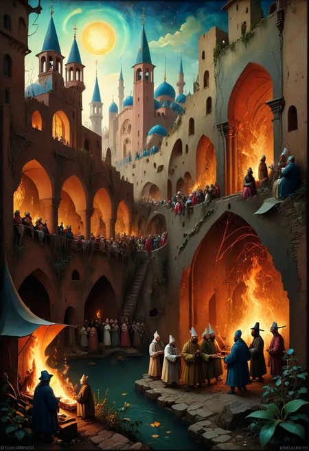 Group of Iranian men amidst.  in “The Garden of Earthly Delights” art Hieronymus Bosch. akin to the style of  Giovanni Battista Piranesi, with the proportional intricacy of Bilal. The scene is  a chaotic street protest in the town. This artwork should convey the complexity and depth of the decline of technology and its influence on modern society. 8k resolution. Chiaroscuro Lighting Style, hud_m4x_4bstr4ct_styl, colorful, abstract,