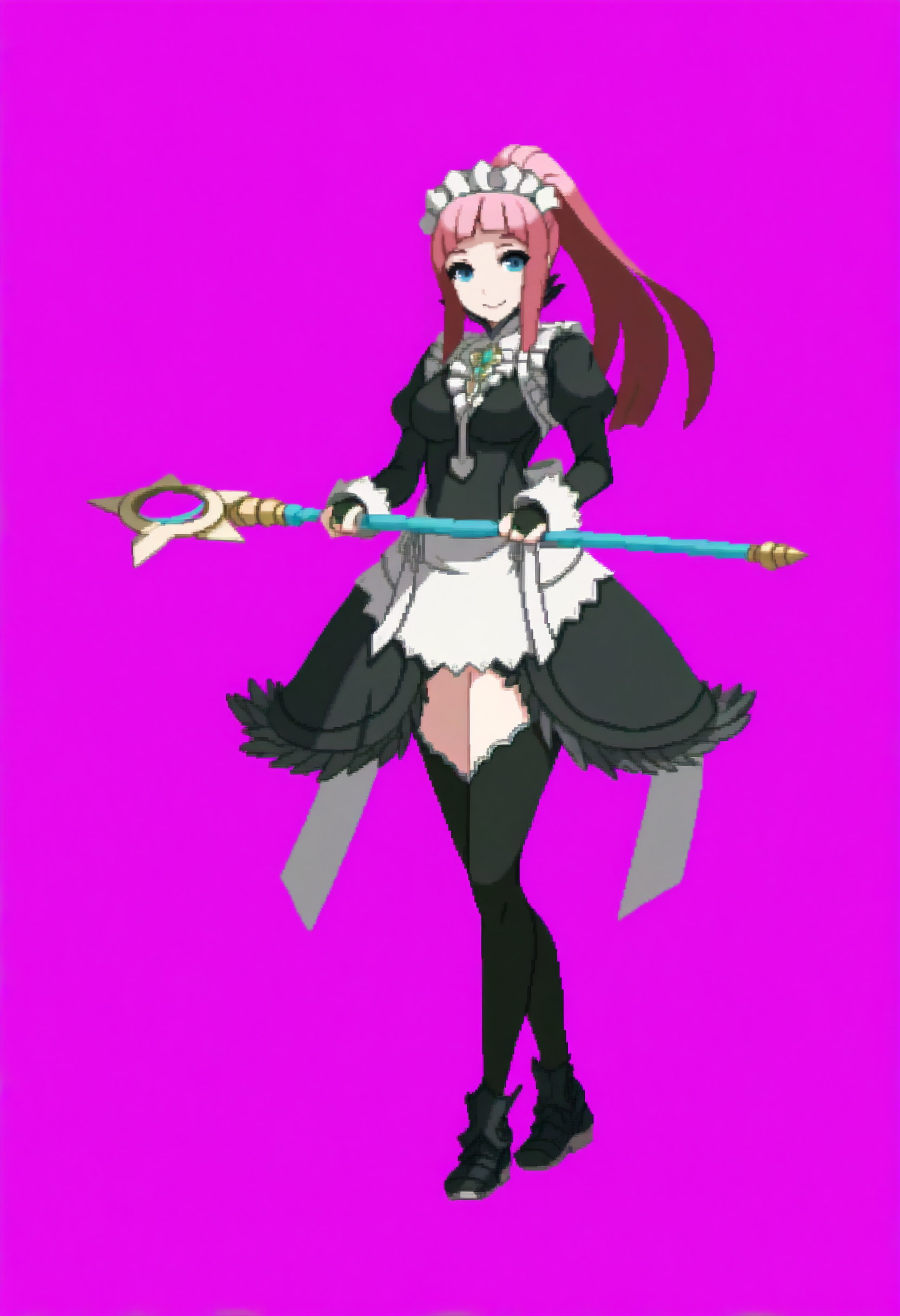 masterpiece, best quality, solo, 1girl, smile, looking at viewer, <lora:Dengeki_Bunko-illus_Fp:1>, full body, pixel art, simple background, <lora:felicia-fe-richy-v1_ixl:1>, f1cdf, blue eyes, pink hair, long hair, ponytail, sidelocks, blunt bangs, maid headdress, black feathered collar, blue brooch, medium breasts, maid, juliet sleeves, maid apron, bridal gauntlets, black thighhighs, thighs, holding staff,