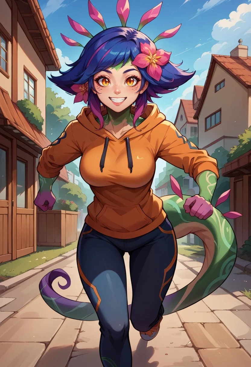 score_9, score_8_up,score_7_up,score_6_up, source_anime,
BREAK
n33ko,
colored skin,green skin,hair ornament,hair flower,multicolored hair,lizard tail, medium breasts,
hoodie,capri pants,
running, smiling, looking at viewer, 
<lora:Neeko_potat-v5:1>,