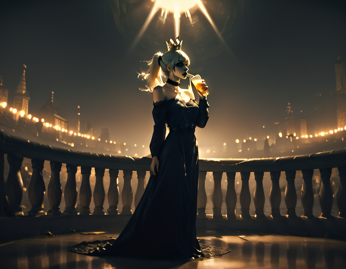 (score_9,score_8_up,score_7_up:1), 1girl, full body, high dutch angle, ambient lighting, Cute, (goth, (black lipstick, black mascara, black eyeshadow)), (soft body), glowing hair, hair ponytail style, bangs, choker, eyeshadow)), (pearly white glowing skin), gigantic breasts, (drinking), misty beautiful bayou, ( bare shoulders, black/red dress, off-shoulder dress, lace dress, long sleeves, tiara, crown), <lora:ttf:1> ttf