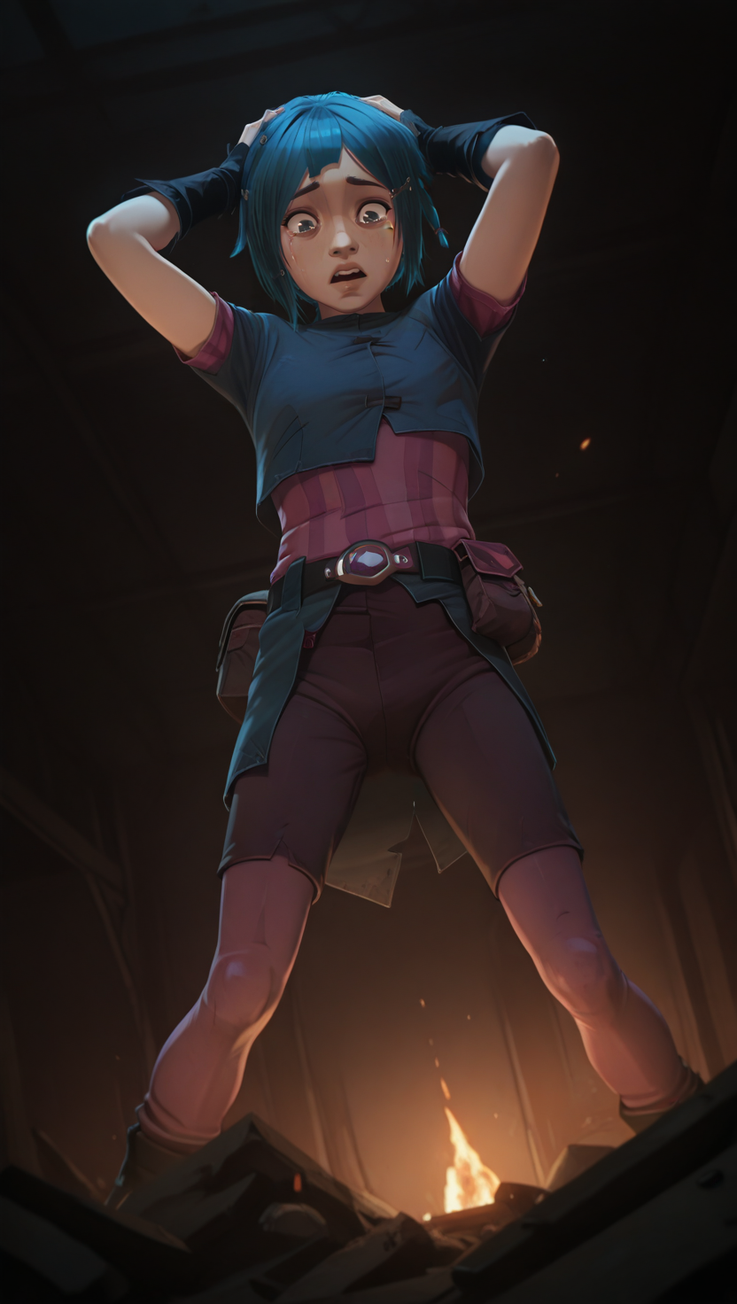 absurdres, masterpiece, best quality, 8k, PowderS1, 1girl, grey eyes, short hair, blue hair,  braid, asymmetrical bangs, hair clip, hair ornament, pink shirt, short sleeves, blue jacket, brown shorts, pink leggings, belt, pouch, black gloves, full body, brown boots, solo, looking down, facing viewer, , dutch angle, from below, tearing up, light frown, open mouth, upper teeth only, (hands on own head, debris, dark room, fire lighting), hunched over, crying, tears, 