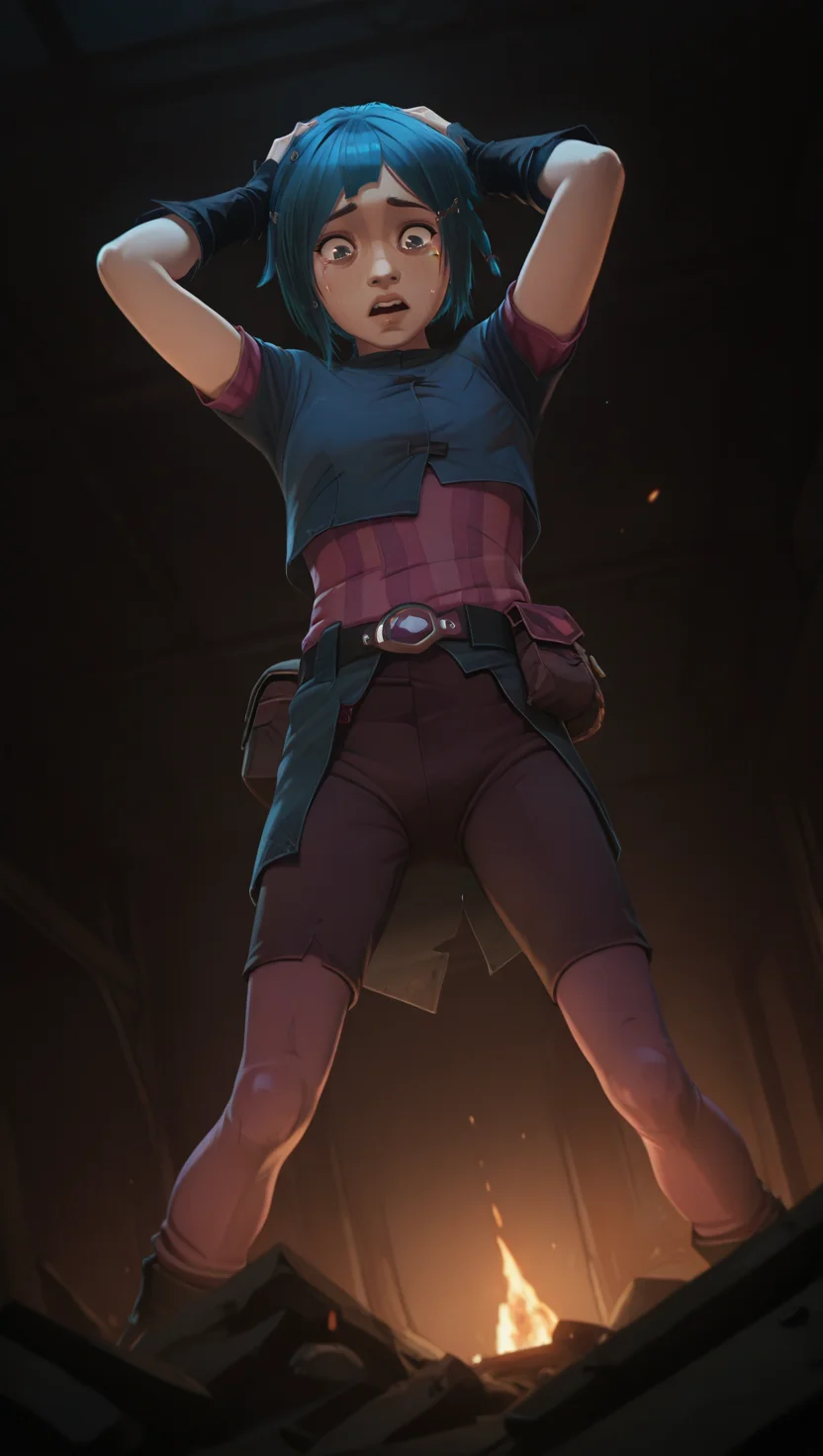 absurdres, masterpiece, best quality, 8k, PowderS1, 1girl, grey eyes, short hair, blue hair, braid, asymmetrical bangs, hair clip, hair ornament, pink shirt, short sleeves, blue jacket, brown shorts, pink leggings, belt, pouch, black gloves, full body, brown boots, solo, looking down, facing viewer, , dutch angle, from below, tearing up, light frown, open mouth, upper teeth only, (hands on own head, debris, dark room, fire lighting), hunched over, crying, tears,