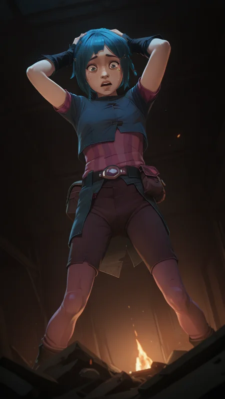 absurdres, masterpiece, best quality, 8k, PowderS1, 1girl, grey eyes, short hair, blue hair,  braid, asymmetrical bangs, hair clip, hair ornament, pink shirt, short sleeves, blue jacket, brown shorts, pink leggings, belt, pouch, black gloves, full body, brown boots, solo, looking down, facing viewer, , dutch angle, from below, tearing up, light frown, open mouth, upper teeth only, (hands on own head, debris, dark room, fire lighting), hunched over, crying, tears, 