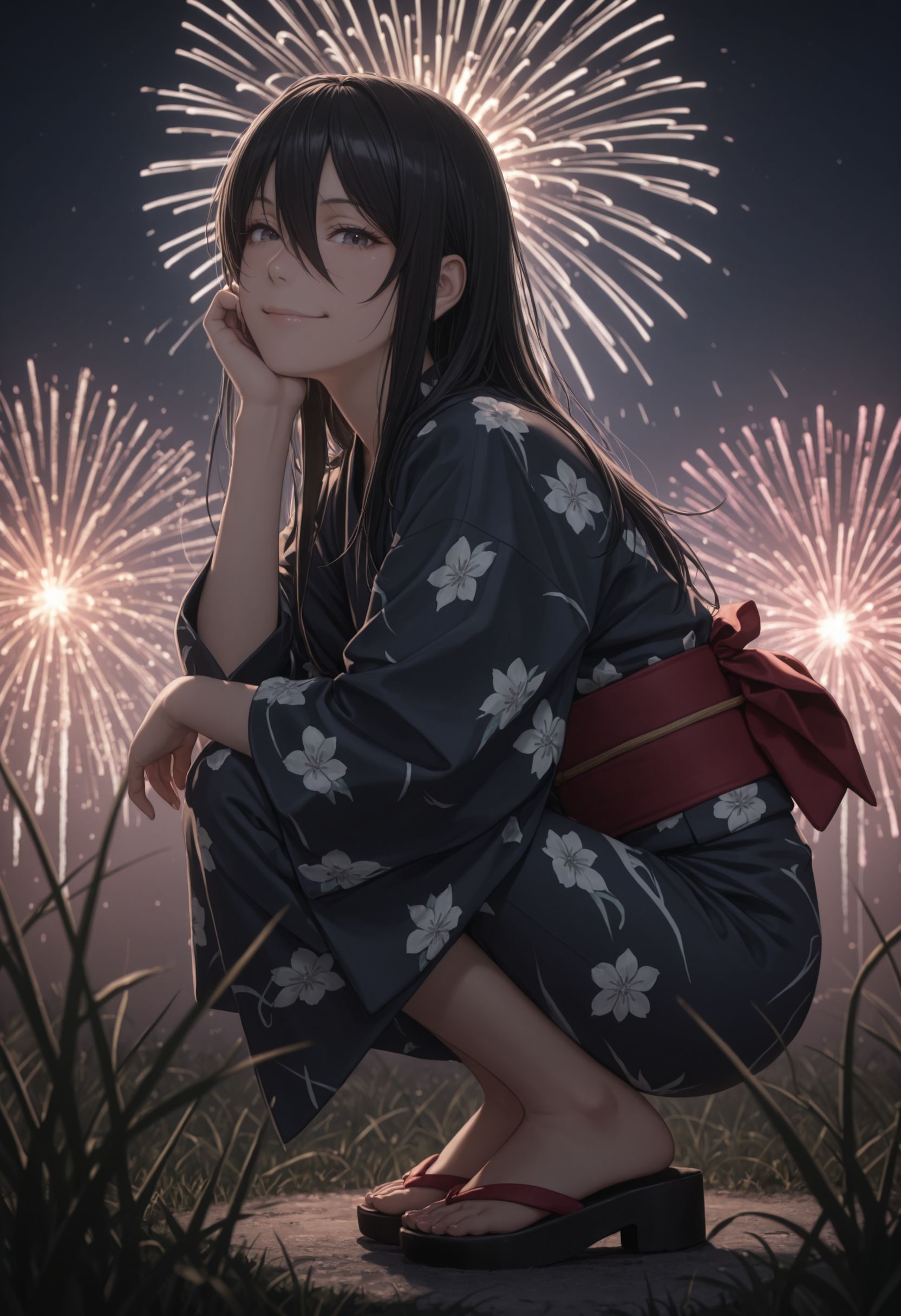 masterpiece, best quality, newest, (realistic:0.5), solo, looking at viewer,
 <lora:Seike Taroumarui Illu :1> 1girl, black hair, long hair, hair between eyes,  
night, grass, squatting, yukata, japanese clothes, floral print, from side, smile, looking at viewer, sandals, firework,