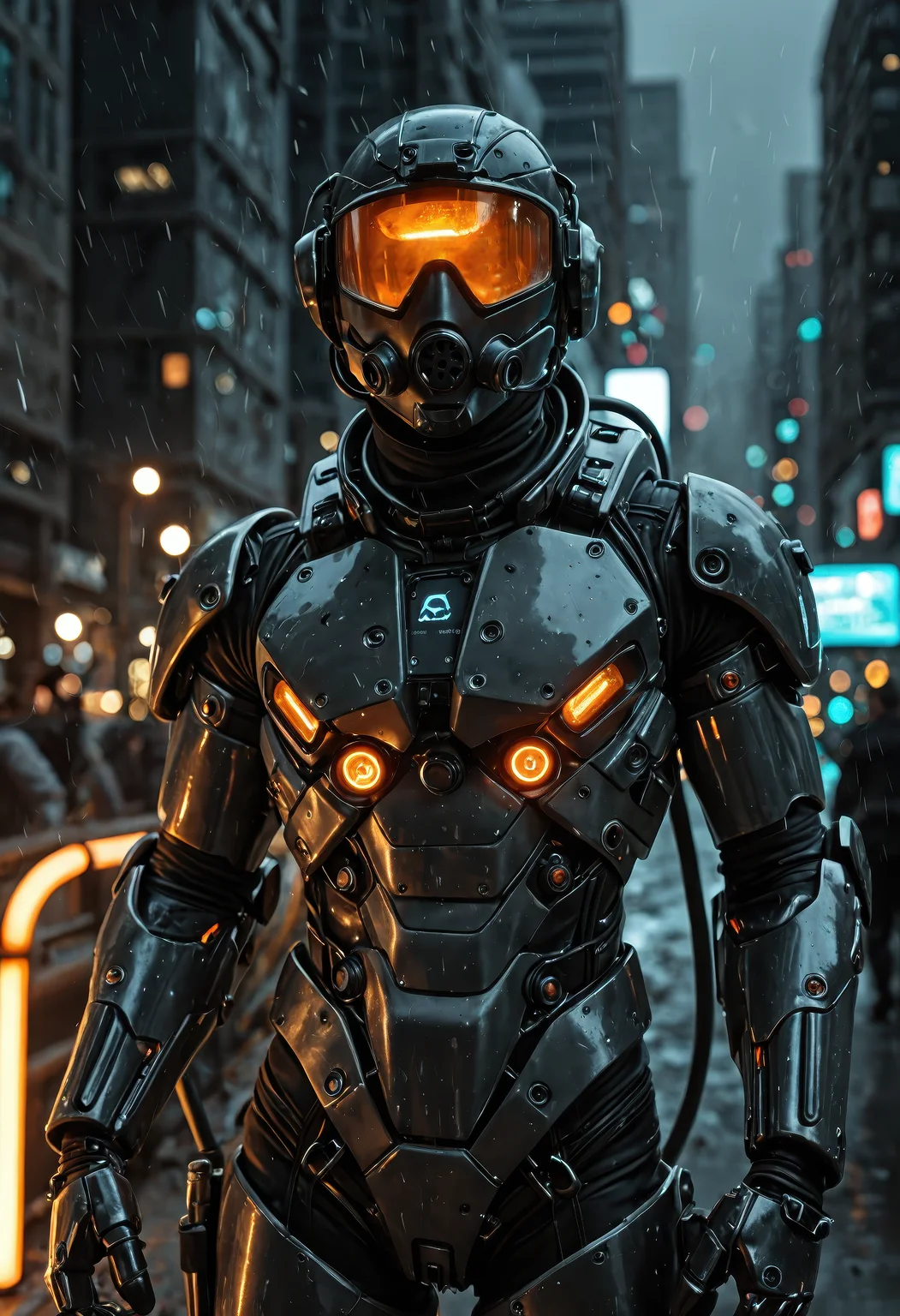 cybernetic soldier in a high-tech futuristic exosuit, 1boy, viewed from the front, helmet dominating the frame, designed with sleek, angular, heavily armoured plates in black titanium alloy featuring matte and gloss finishes, reinforced breathing mask and visor glowing with internal orange light and reflecting neon city lights, visible micro-reactors, exposed wiring, hydraulic tubing, and glowing orange circuits integrated across the suit, digital warning decals, system diagnostic screens, and HUD overlays built into the chest and visor, orange LED accents shining from beneath armour seams, eye-level composition with shallow depth of field (f/2.0), blurred futuristic cityscape in the background glowing with bokeh lights in cyan and orange hues, dramatic artificial neon lighting casting specular reflections and hard shadows, high-density detail on screws, circuit mesh, atmospheric dust and mist particles, mood of focused tactical intensity, inspired by Ghost in the Shell and modern sci-fi tactical armour design