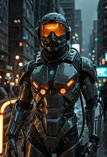 cybernetic soldier in a high-tech futuristic exosuit, 1boy, viewed from the front, helmet dominating the frame, designed with sleek, angular, heavily armoured plates in black titanium alloy featuring matte and gloss finishes, reinforced breathing mask and visor glowing with internal orange light and reflecting neon city lights, visible micro-reactors, exposed wiring, hydraulic tubing, and glowing orange circuits integrated across the suit, digital warning decals, system diagnostic screens, and HUD overlays built into the chest and visor, orange LED accents shining from beneath armour seams, eye-level composition with shallow depth of field (f/2.0), blurred futuristic cityscape in the background glowing with bokeh lights in cyan and orange hues, dramatic artificial neon lighting casting specular reflections and hard shadows, high-density detail on screws, circuit mesh, atmospheric dust and mist particles, mood of focused tactical intensity, inspired by Ghost in the Shell and modern sci-fi tactical armour design