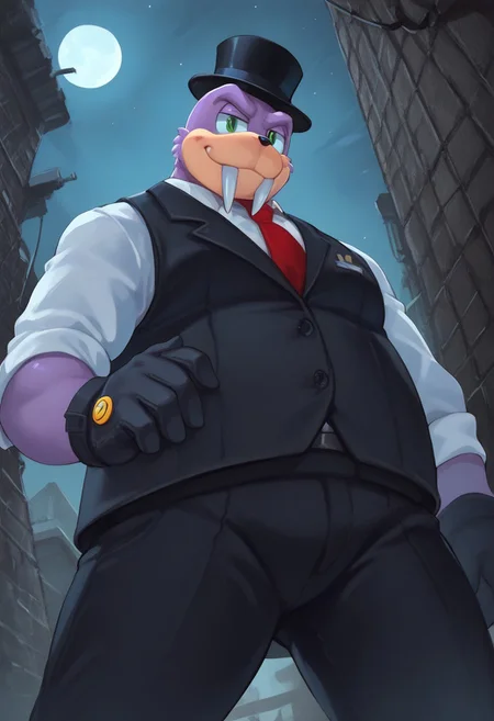 score_9, score_8_up, score_7_up, furry male, Rotor the walrus, green eyes, fangs, furry, furry anthro, alley, dutch angle, posing, from below, clothed, (((dutch angle, posing, from below))), walrus, fat, overweight, walrus tusks, squinting eyes, smile, solo, 1boy, male focus, <lora:pony_monocles-step00000800:1>,(monocle),round eyewear, top hat,, suit, gloves, furry male, mustache, necktie, a robber-baron wearing a monocle on a chain on his left eye, top hat, white shirt, black vest from 1900 holding a pocketwatch, standing
BREAK
city, ruins, back alley, outside, night, moon, stars, ambient light,