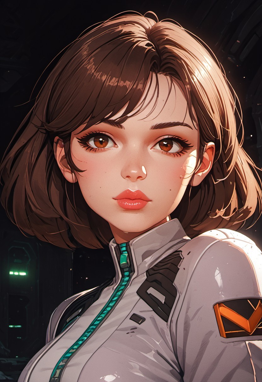 ((zPDXL3)), score_9, score_8_up, score_8, Science Fiction, Star Wars, perfecteyes, ultra detailed, high resolution, high quality, masterpiece, intricate details, intricate body, intricate landscape, knva, Expressiveh, European Instagram Model, upper body shot, low light, dungeon, ruins, green glow, black background, 
BREAK
1girl, solo, source_cartoon, mature female, dva porsche, d.va (overwatch), brown hair, brown eyes, beautiful, full lips, looking at viewer, closed mouth,