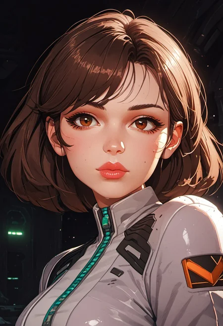 ((zPDXL3)), score_9, score_8_up, score_8, Science Fiction, Star Wars, perfecteyes, ultra detailed, high resolution, high quality, masterpiece, intricate details, intricate body, intricate landscape, knva, Expressiveh, European Instagram Model, upper body shot, low light, dungeon, ruins, green glow, black background, 
BREAK
1girl, solo, source_cartoon, mature female, dva porsche, d.va (overwatch), brown hair, brown eyes, beautiful, full lips, looking at viewer, closed mouth,